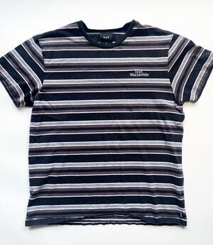 Men's Huf Worldwide Striped Black and Gray Cotton T-Shirt Size L